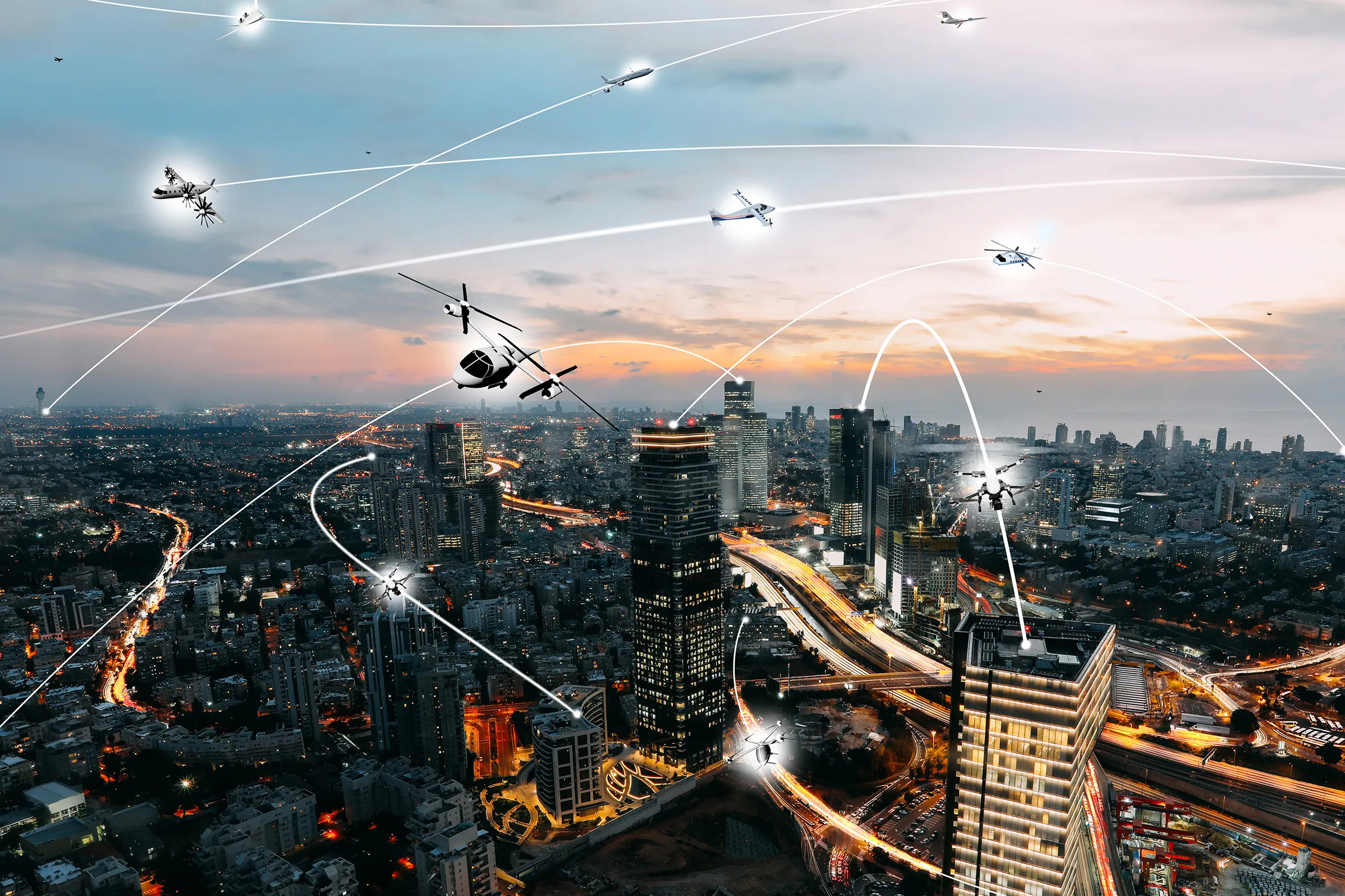 A rendering of what urban airspace might look like in the future, with autonomous aircraft navigating around each other. (NASA)