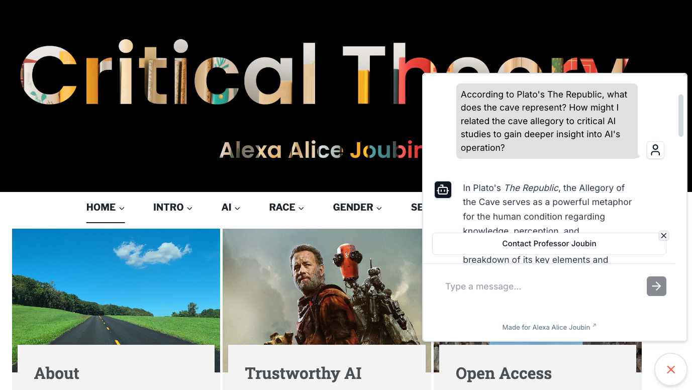 A screenshot of Professor Joubin's AI chatbot in action. A screenshot of Professor Joubin's AI chatbot in action.